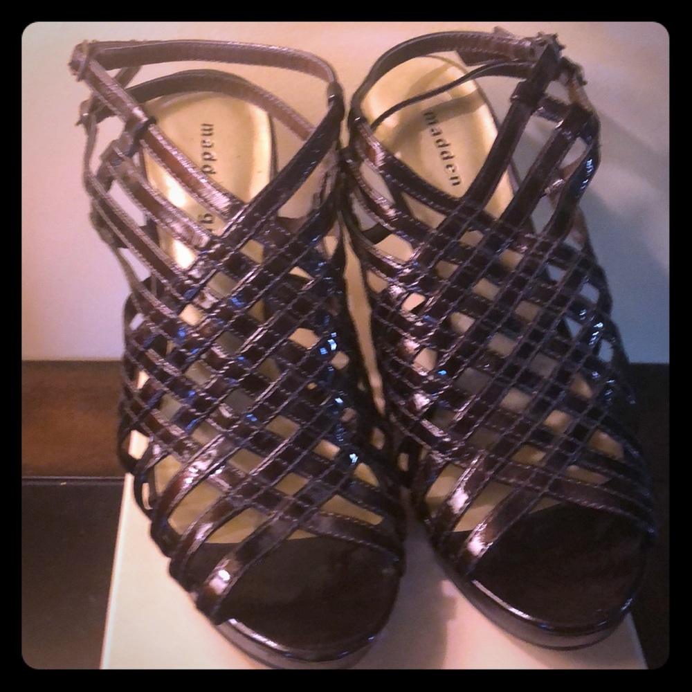 Madden Girl Korral brown patent strappy heels.